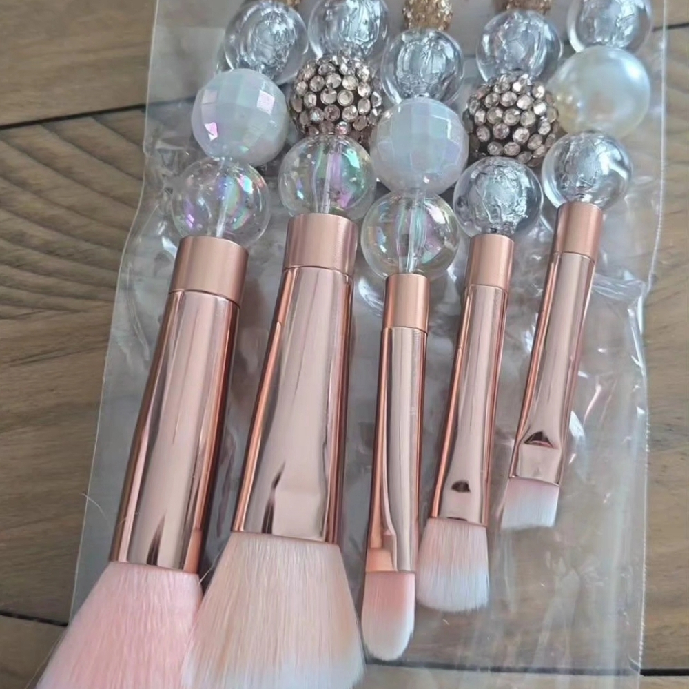 Crystal Bead Makeup Brush Set - Rose Gold Handles & Pink Bristles